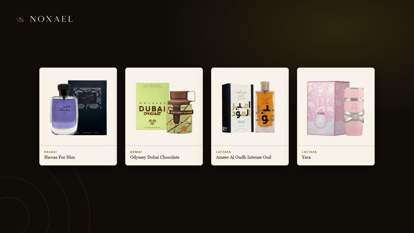 Four Arabian fragrance bottles from the NOXAEL range — Rasasi Hawas For Him, Armaf Odyssey Dubai Chocolate, Lattafa Ameer Al Oudh Intense Oud and Lattafa Yara — grouped on ivory panels against a dark background.
