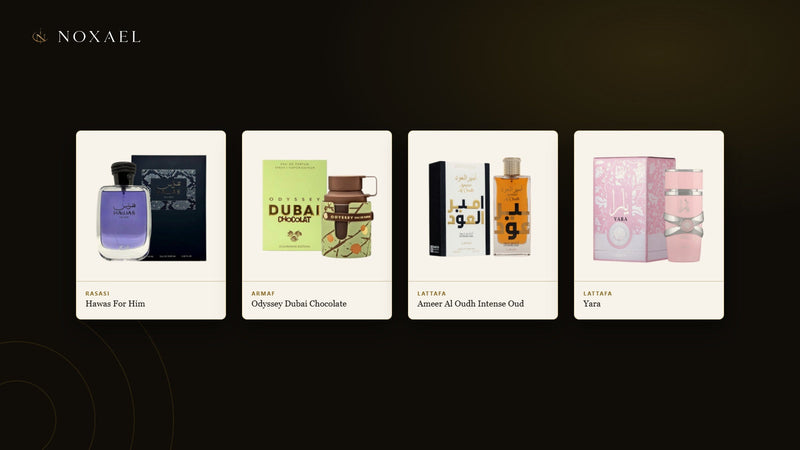 Four Arabian fragrance bottles from the NOXAEL range — Rasasi Hawas For Him, Armaf Odyssey Dubai Chocolate, Lattafa Ameer Al Oudh Intense Oud and Lattafa Yara — grouped on ivory panels against a dark background.