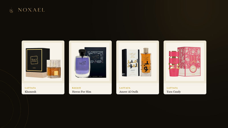 Four fragrances from the NOXAEL range representing different scent families - Lattafa Khamrah, Rasasi Hawas For Him, Lattafa Ameer Al Oudh and Lattafa Yara Candy - on ivory panels against a dark background.