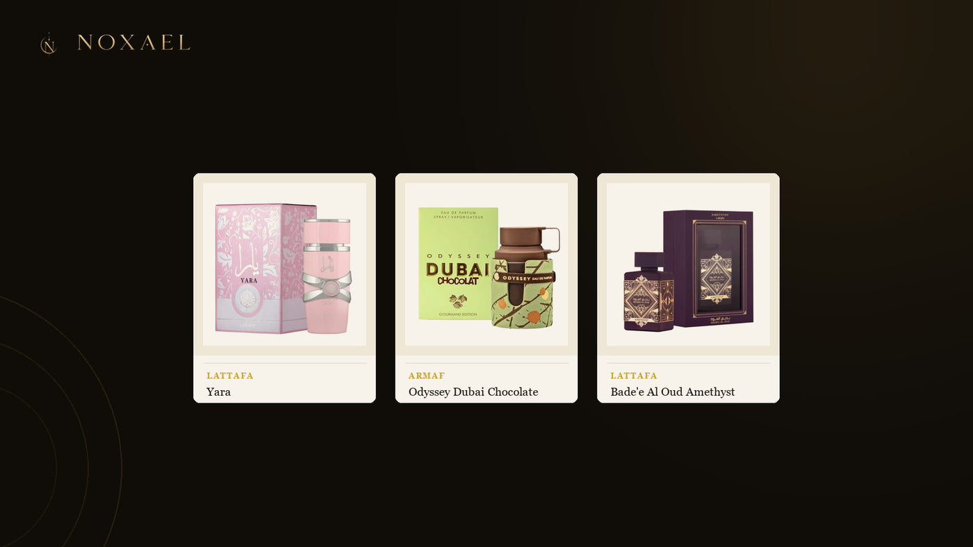 Three gift-suitable fragrances from the NOXAEL range - Lattafa Yara, Armaf Odyssey Dubai Chocolate and Lattafa Bade'e Al Oud Amethyst - presented on ivory panels against a dark background.