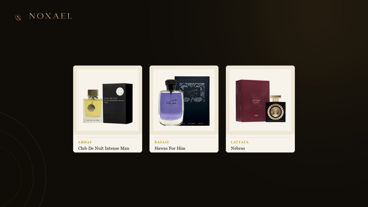 Three NOXAEL fragrances suited to warm Australian weather - Armaf Club De Nuit Intense Man, Rasasi Hawas For Him and Lattafa Nebras - on ivory panels against a dark background.