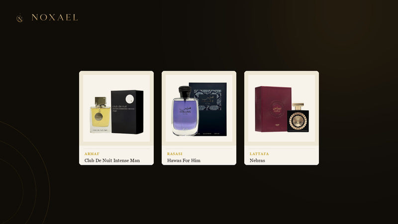 Three NOXAEL fragrances suited to warm Australian weather - Armaf Club De Nuit Intense Man, Rasasi Hawas For Him and Lattafa Nebras - on ivory panels against a dark background.