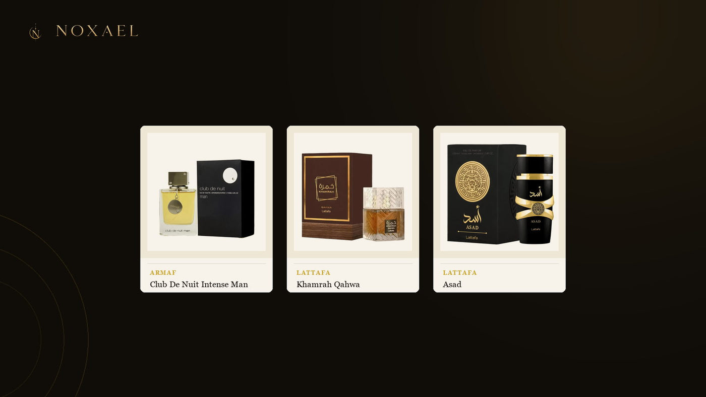 Three NOXAEL fragrances at different concentrations - Armaf Club De Nuit Intense Man eau de toilette, Lattafa Khamrah Qahwa and Lattafa Asad eau de parfum - on ivory panels against a dark background.