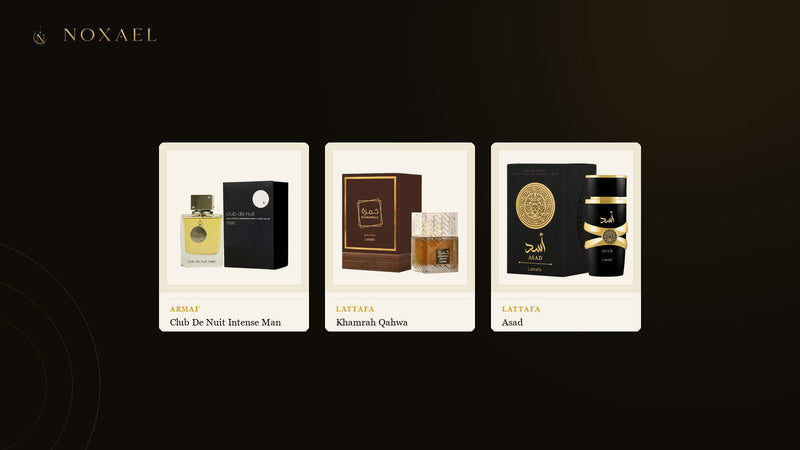 Three NOXAEL fragrances at different concentrations - Armaf Club De Nuit Intense Man eau de toilette, Lattafa Khamrah Qahwa and Lattafa Asad eau de parfum - on ivory panels against a dark background.