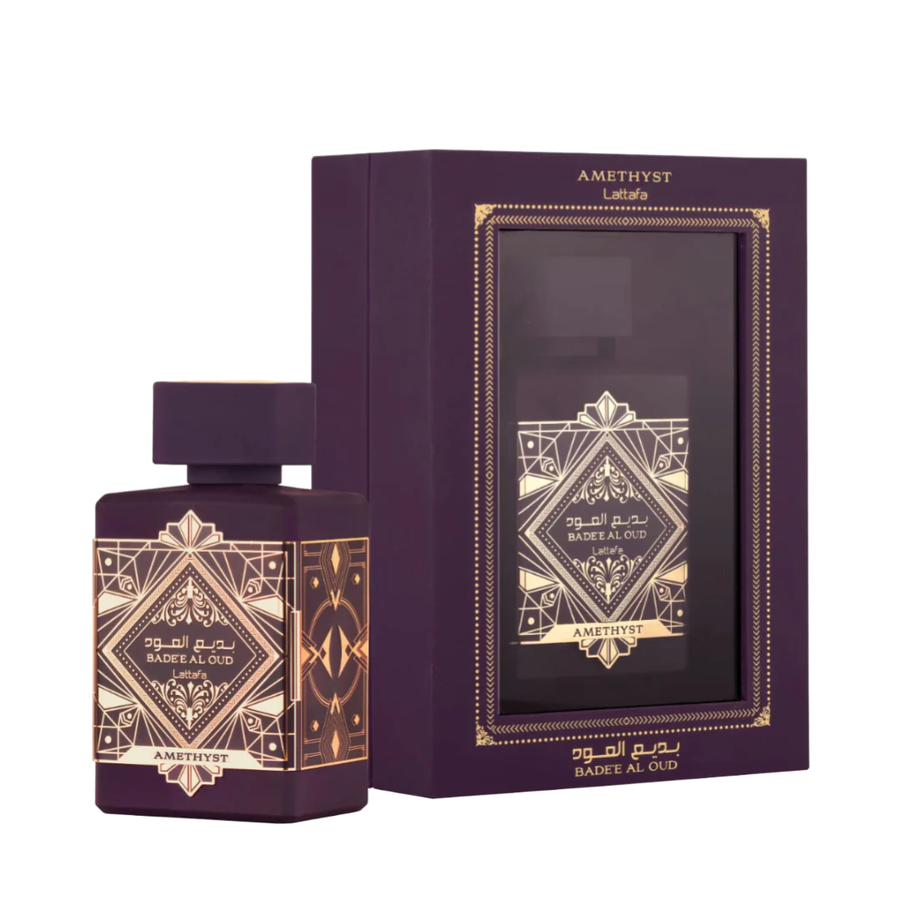 Lattafa Bade'e Al Oud Amethyst EDP 100ml perfume bottle with purple packaging