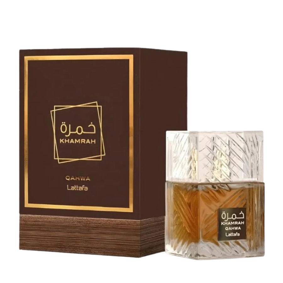 Lattafa Khamrah Qahwa EDP 100ml perfume bottle with coffee-toned packaging