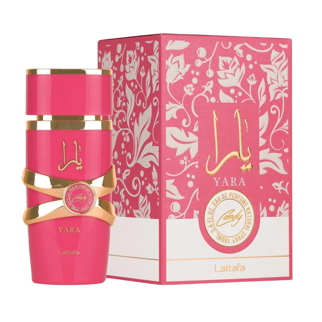 Lattafa Yara Candy EDP 100ml perfume bottle and pink box